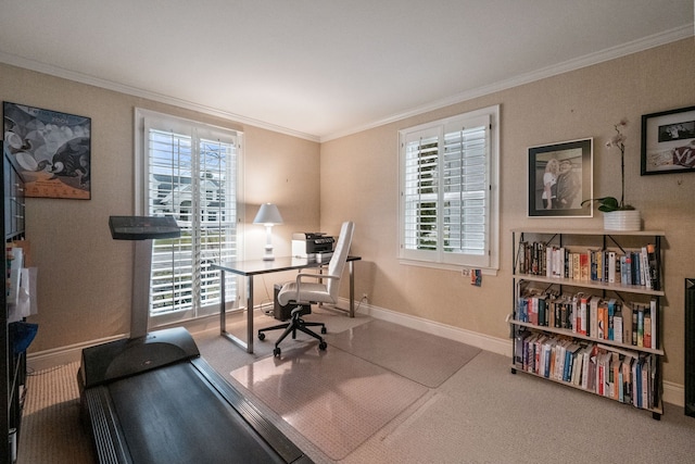 carpeted office space featuring ornamental molding, a wealth of natural light, and baseboards