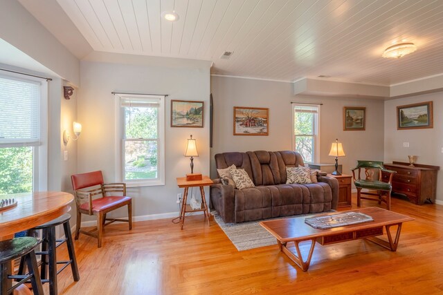 living area featuring light wood-type flooring, wooden ceiling, and baseboards