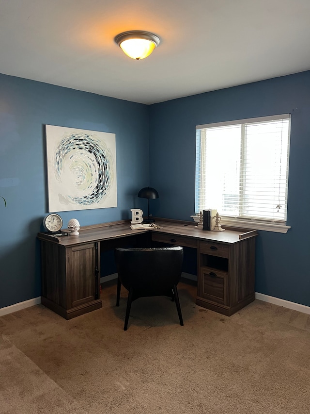 office area with light carpet and baseboards