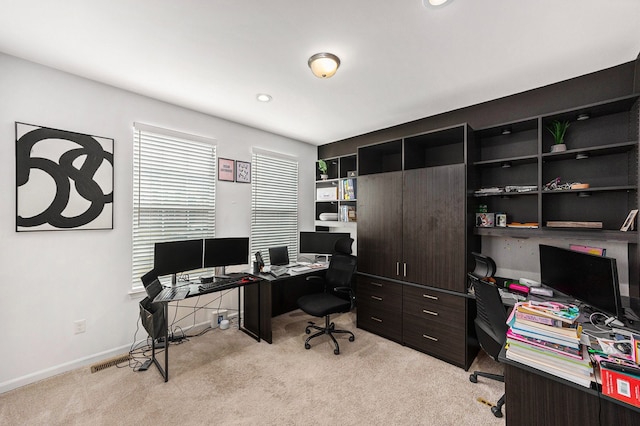 home office with recessed lighting, baseboards, and light colored carpet