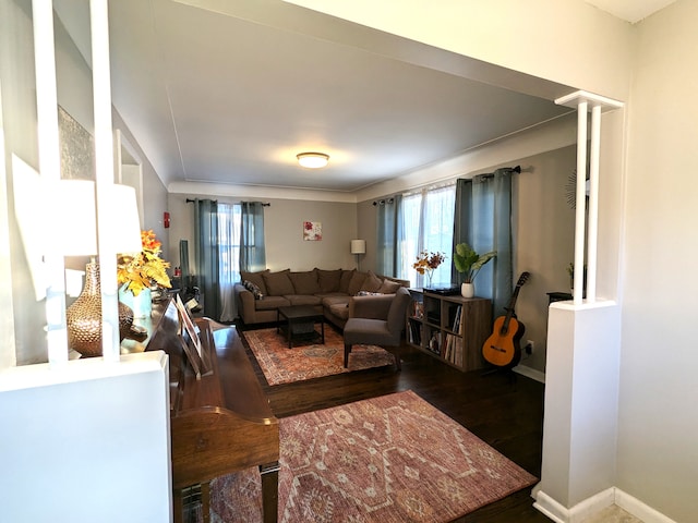 living area with a healthy amount of sunlight, baseboards, and dark wood-type flooring