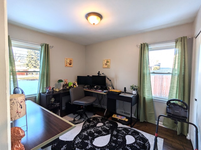 office area featuring dark wood-type flooring