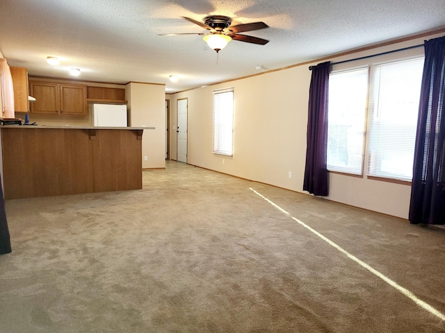 unfurnished living room featuring a textured ceiling, ornamental molding, a ceiling fan, and light colored carpet