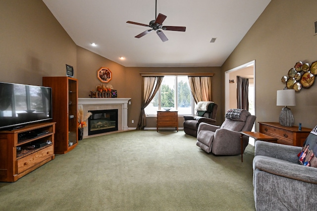 carpeted living area featuring ceiling fan, high vaulted ceiling, recessed lighting, a fireplace, and visible vents