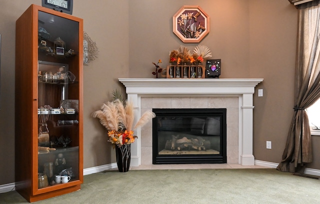 details with carpet, a fireplace, and baseboards