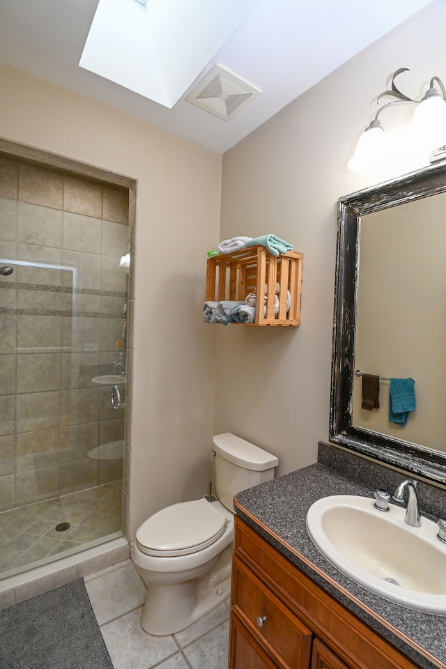 bathroom with tile patterned flooring, toilet, vanity, visible vents, and a shower stall