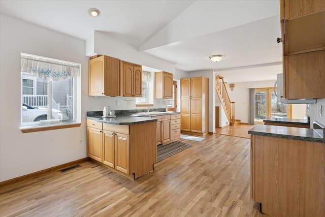 kitchen with light wood-style floors, visible vents, and a healthy amount of sunlight