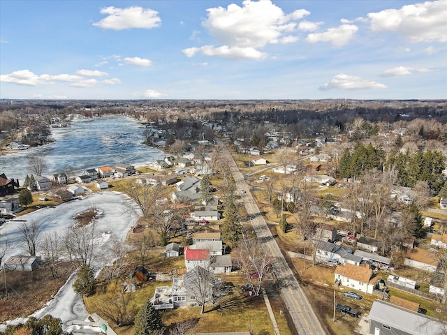 aerial view featuring a water view and a residential view