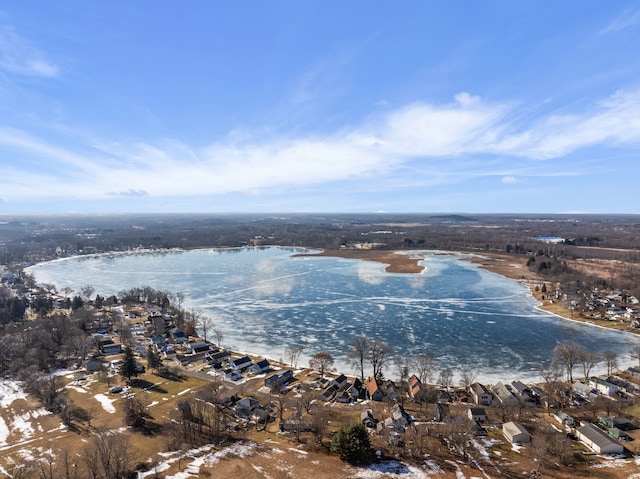 birds eye view of property featuring a water view and a residential view