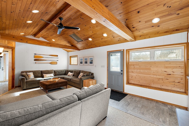 living area with lofted ceiling with beams, wood finished floors, wood ceiling, and recessed lighting