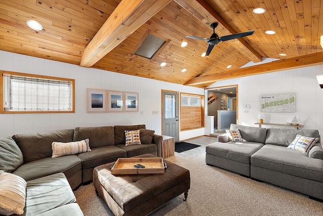 living area featuring vaulted ceiling with beams, wood ceiling, carpet flooring, and recessed lighting