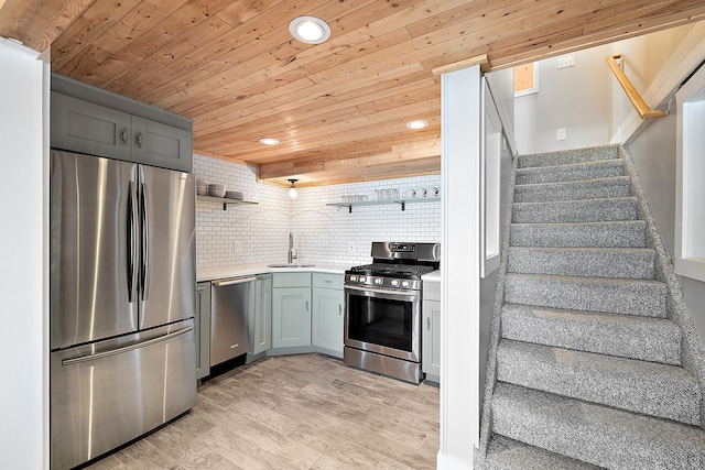 kitchen with wood ceiling, appliances with stainless steel finishes, light countertops, open shelves, and a sink