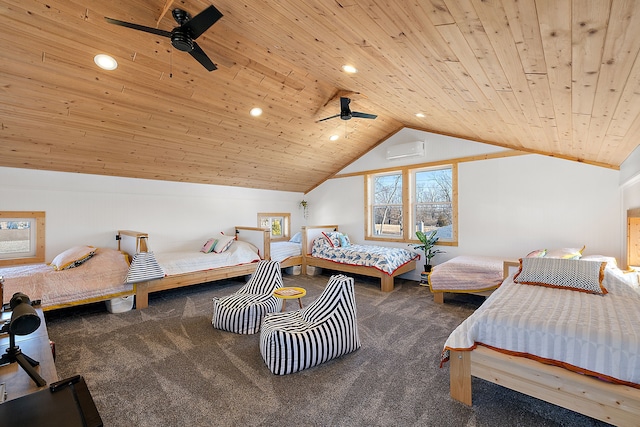 bedroom with a wall unit AC, wooden ceiling, carpet, vaulted ceiling, and recessed lighting