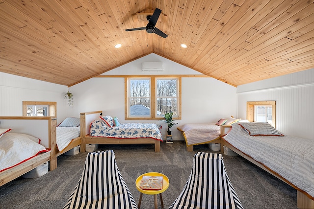 bedroom with vaulted ceiling, carpet floors, a wall unit AC, and wood ceiling