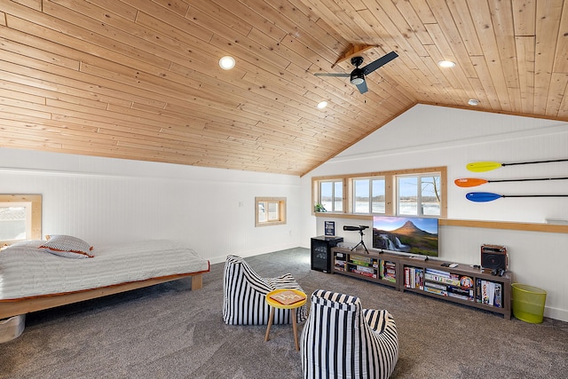 carpeted bedroom with lofted ceiling and wood ceiling