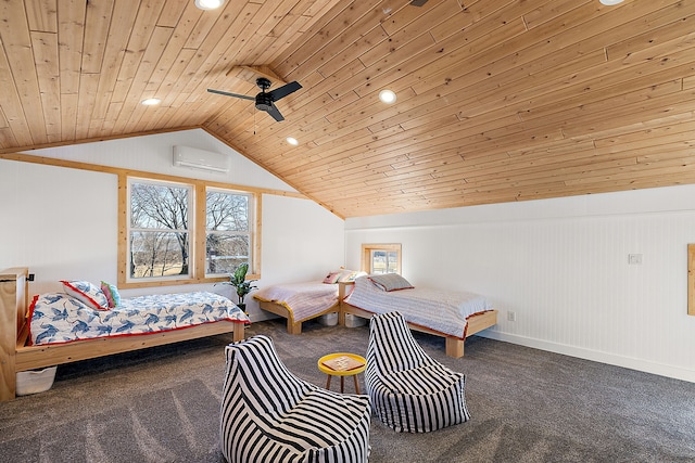 bedroom featuring carpet floors, lofted ceiling, recessed lighting, an AC wall unit, and wooden ceiling