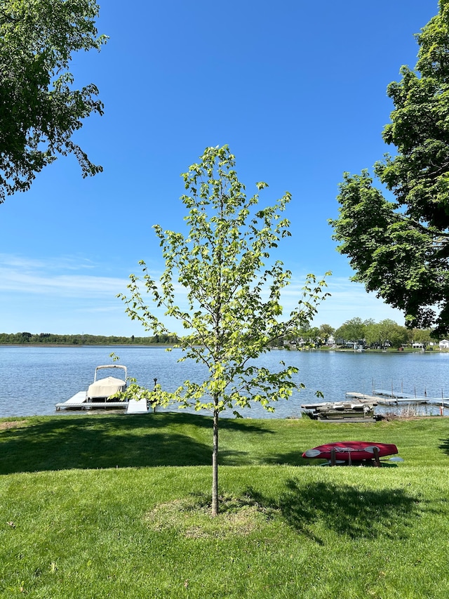 view of yard with a water view and a floating dock