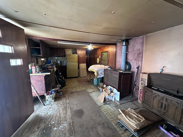 living area with a wood stove