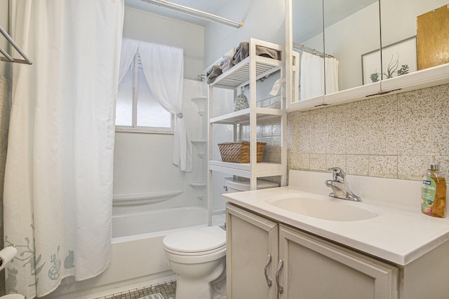 bathroom with shower / bath combo, backsplash, toilet, and vanity