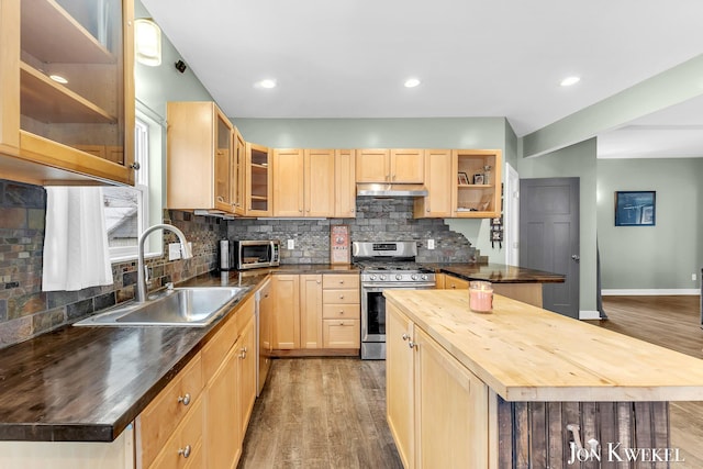 kitchen with appliances with stainless steel finishes, glass insert cabinets, a sink, wood counters, and under cabinet range hood