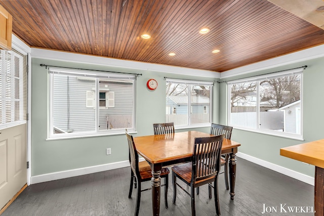 dining room with wooden ceiling, baseboards, dark wood-type flooring, and recessed lighting