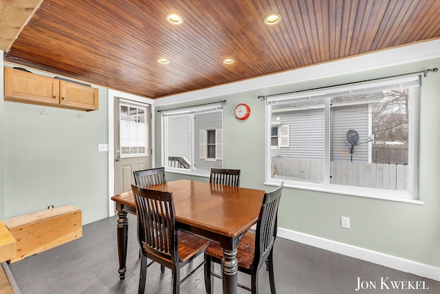 dining room with baseboards, dark wood-style flooring, wood ceiling, and recessed lighting