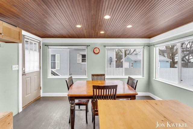 dining area with baseboards, wooden ceiling, wood finished floors, and recessed lighting