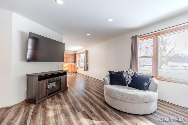 living room featuring recessed lighting and wood finished floors