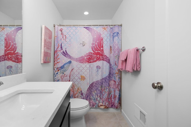 full bathroom with visible vents, toilet, curtained shower, tile patterned flooring, and vanity