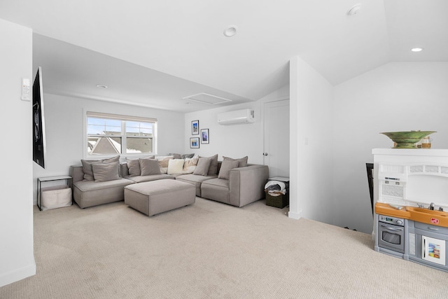 living room featuring recessed lighting, light colored carpet, vaulted ceiling, an AC wall unit, and attic access