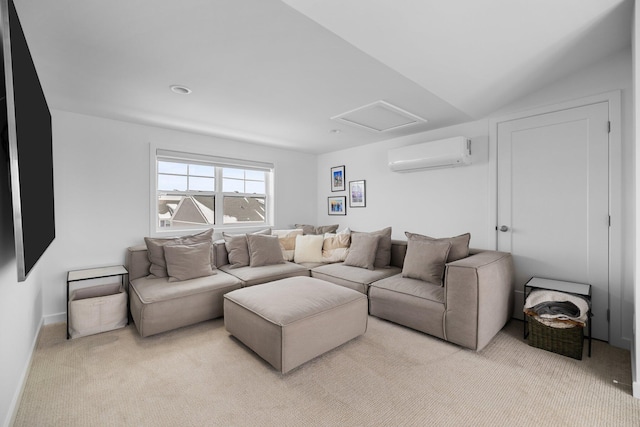 living room featuring baseboards, a wall mounted air conditioner, attic access, and light colored carpet