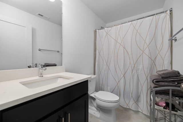 full bathroom featuring toilet, tile patterned flooring, visible vents, and vanity