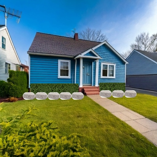 view of front of house with a shingled roof, a chimney, and a front lawn