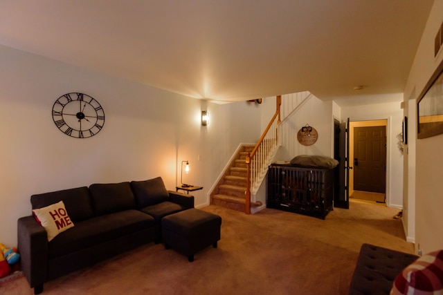 carpeted living room with stairway and baseboards