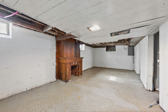 basement with a healthy amount of sunlight and electric panel