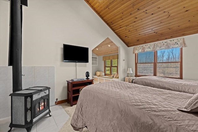 bedroom featuring baseboards, a wood stove, recessed lighting, vaulted ceiling, and wood ceiling
