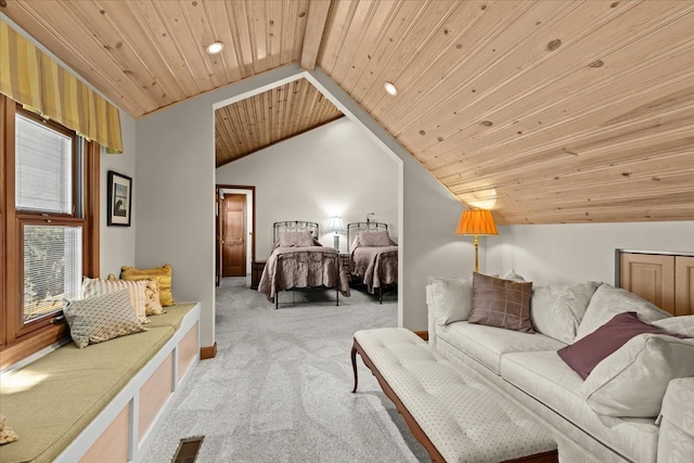 bedroom featuring vaulted ceiling, light colored carpet, and wooden ceiling