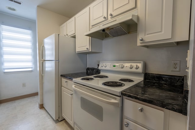 kitchen featuring under cabinet range hood, white electric stove, baseboards, and white cabinets