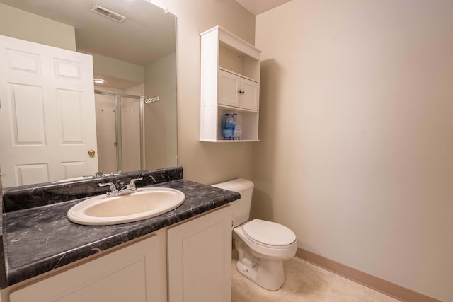 bathroom with visible vents, toilet, a shower stall, vanity, and tile patterned floors