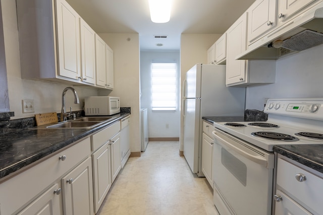 kitchen featuring under cabinet range hood, white appliances, a sink, visible vents, and white cabinets