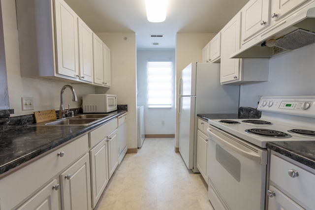 806 Brandon Ave, Pontiac, MI 48340 - kitchen with white appliances, under cabinet range hood, a sink, white cabinets, and baseboards