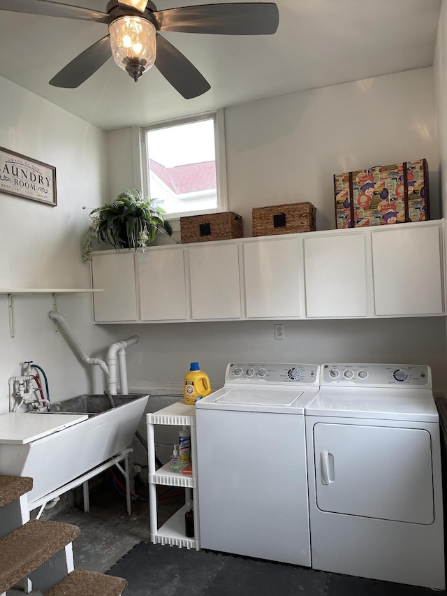 clothes washing area featuring a ceiling fan, cabinet space, independent washer and dryer, and a sink