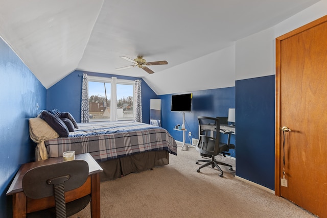 bedroom featuring lofted ceiling, carpet flooring, a ceiling fan, and baseboards