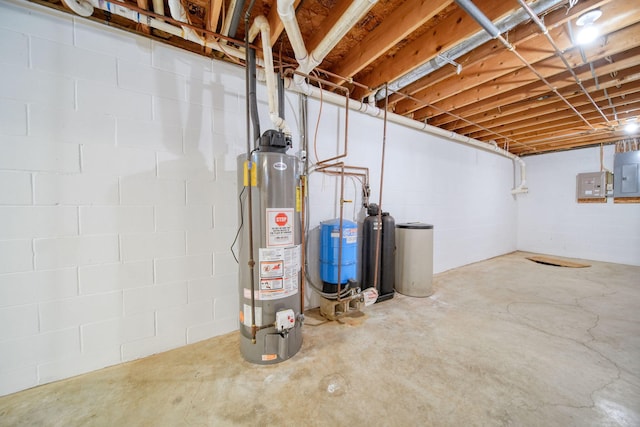 unfinished basement featuring electric panel and gas water heater