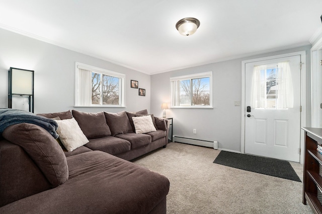 living area with a baseboard radiator, baseboards, crown molding, and light colored carpet