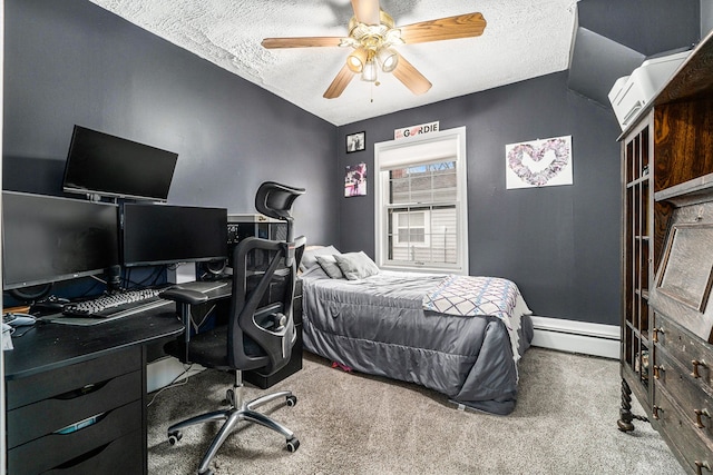 bedroom featuring ceiling fan, a textured ceiling, baseboard heating, and carpet flooring