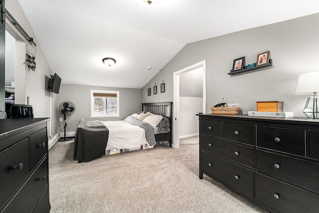 bedroom featuring light carpet, baseboards, and vaulted ceiling