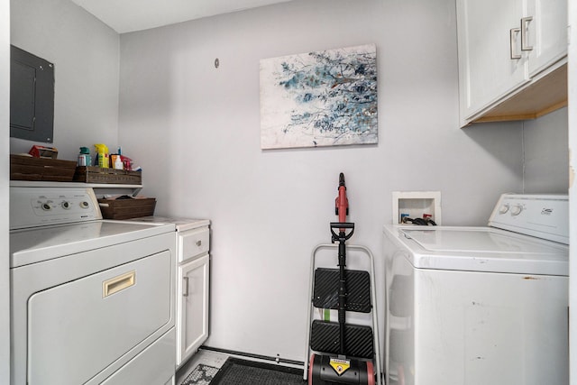 laundry room with electric panel, cabinet space, and washer and clothes dryer