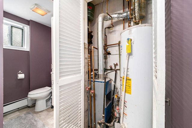 utilities with water heater and a baseboard radiator