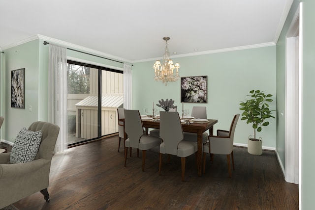 dining area featuring an inviting chandelier, crown molding, baseboards, and dark wood-type flooring